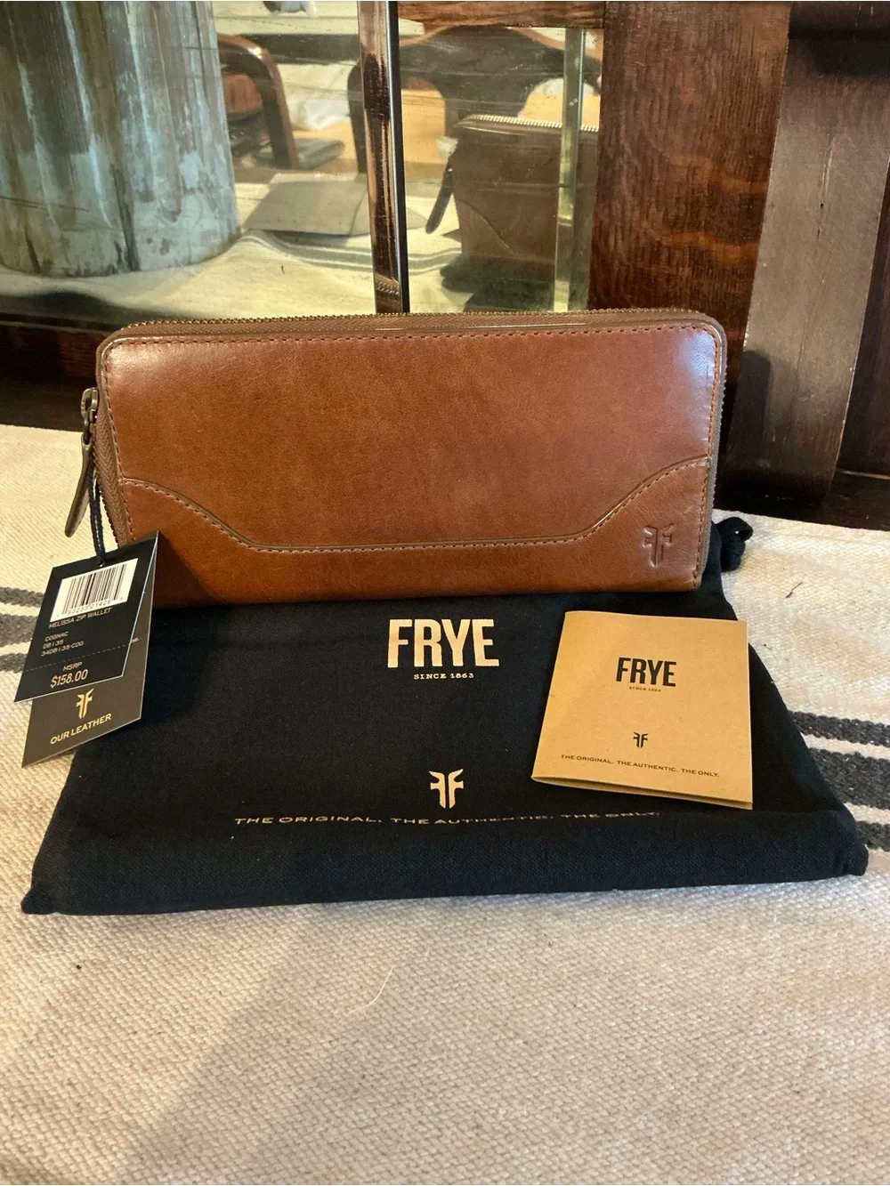 NWT Frye Leather Melissa Zip Around Wallet Cognac Brown Retail $158